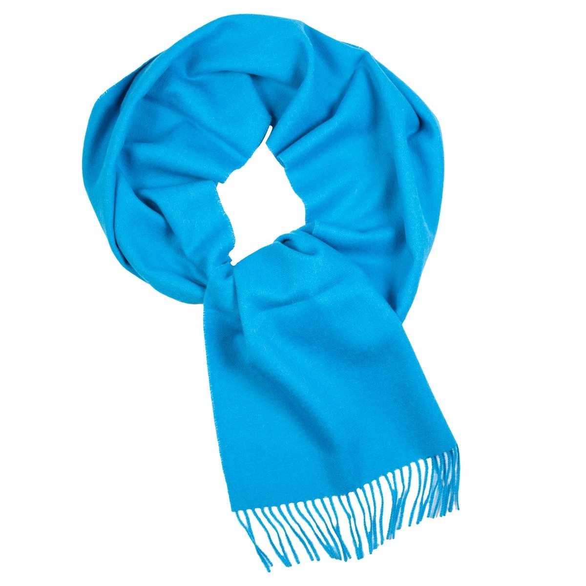 Bright blue alpaca wool scarf, soft and luxurious, perfect for winter wear, showcasing its elegant design and craftsmanship.