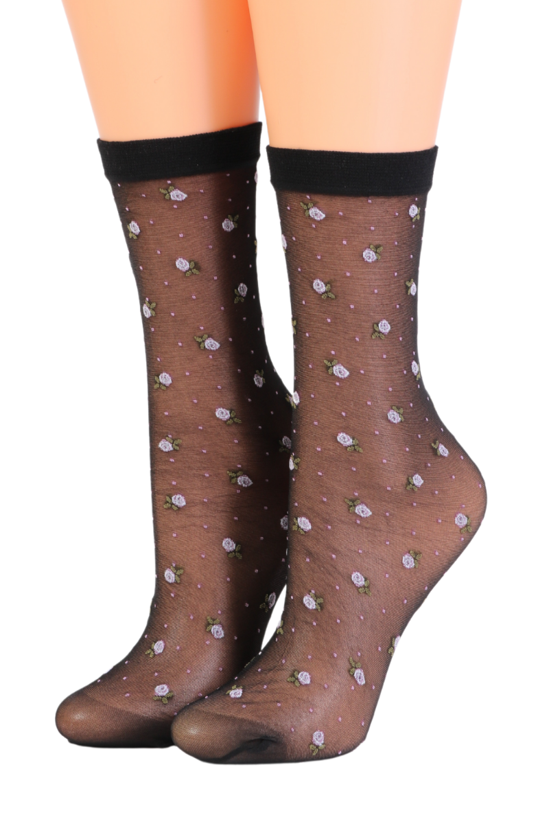 A pair of elegant thin black socks adorned with purple rose flowers, designed for women, featuring a rubber edge for a secure fit.