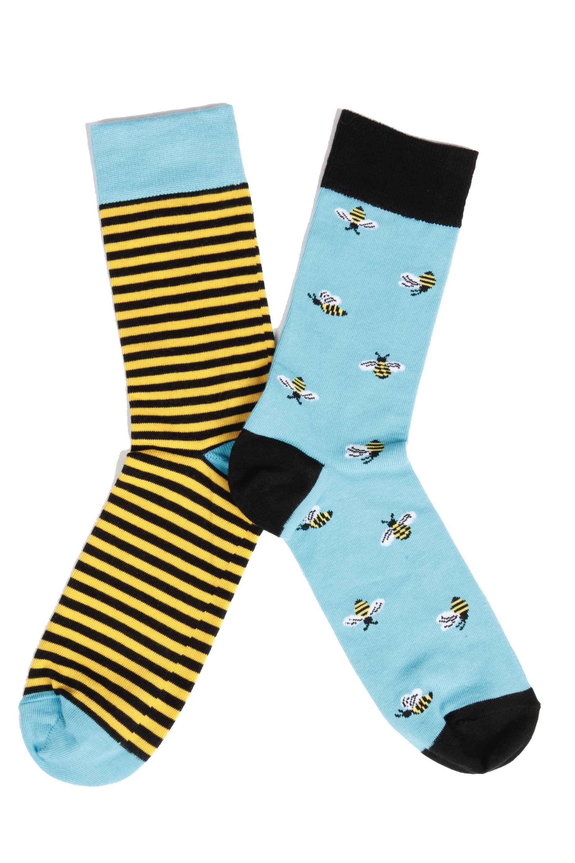 A pair of BUG men's cotton socks featuring one striped sock and one with bees, in vibrant blue and yellow colors.