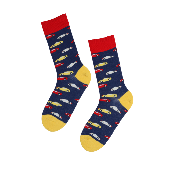 A pair of blue socks featuring colorful car designs in white, red, and yellow, perfect for men who love automotive themes.