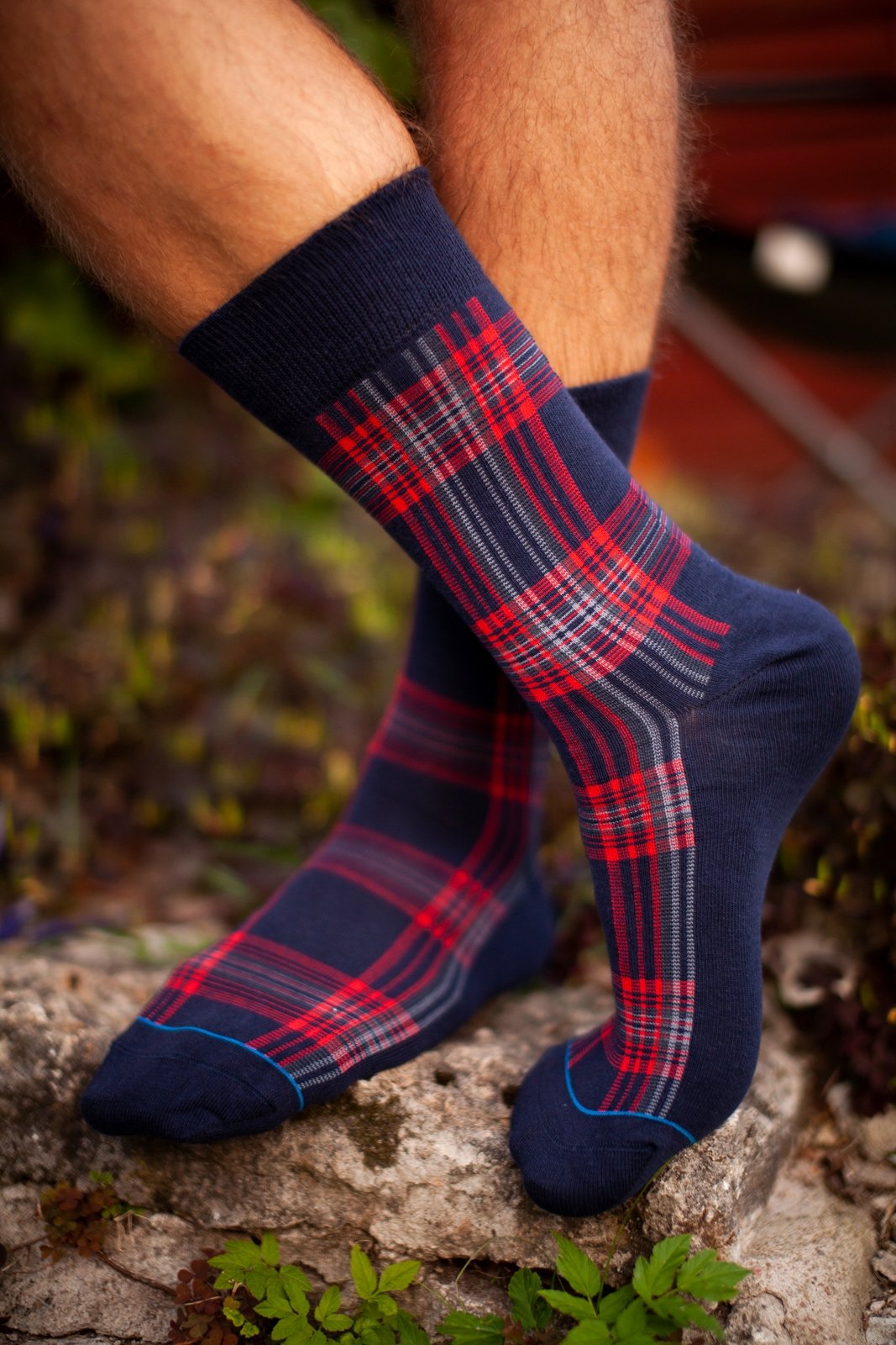 CARL men's socks featuring blue fabric with bold red stripes, perfect for stylish and formal wear.