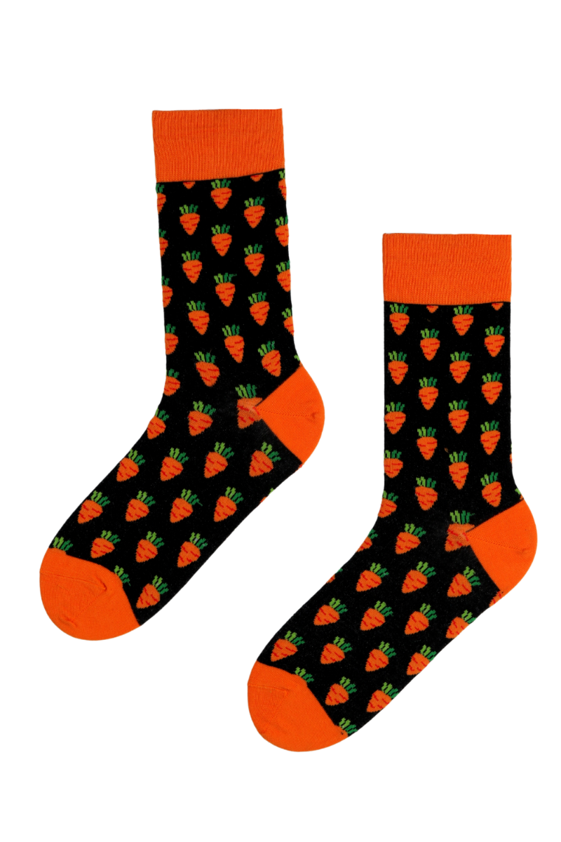 A pair of CARROT cotton socks featuring vibrant carrot designs on a black and orange background, suitable for both men and women.