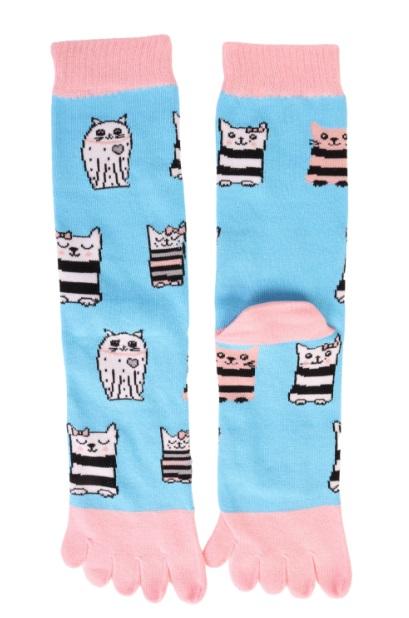 Colorful CAT patterned toe socks for men and women with a light blue base, light pink toe and heel, featuring a white-black cat design.