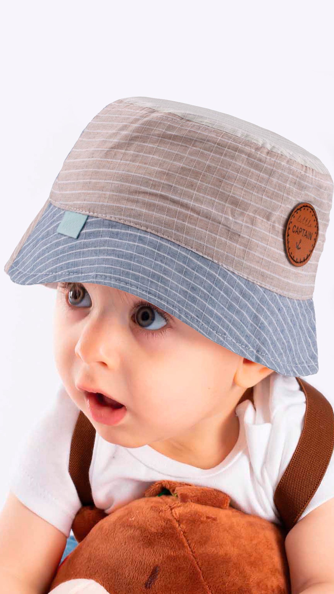 Checked Little Captain Badge Infant Fedora Hat in white, made from soft cotton and polyester blend, designed for ages 0-18 months.