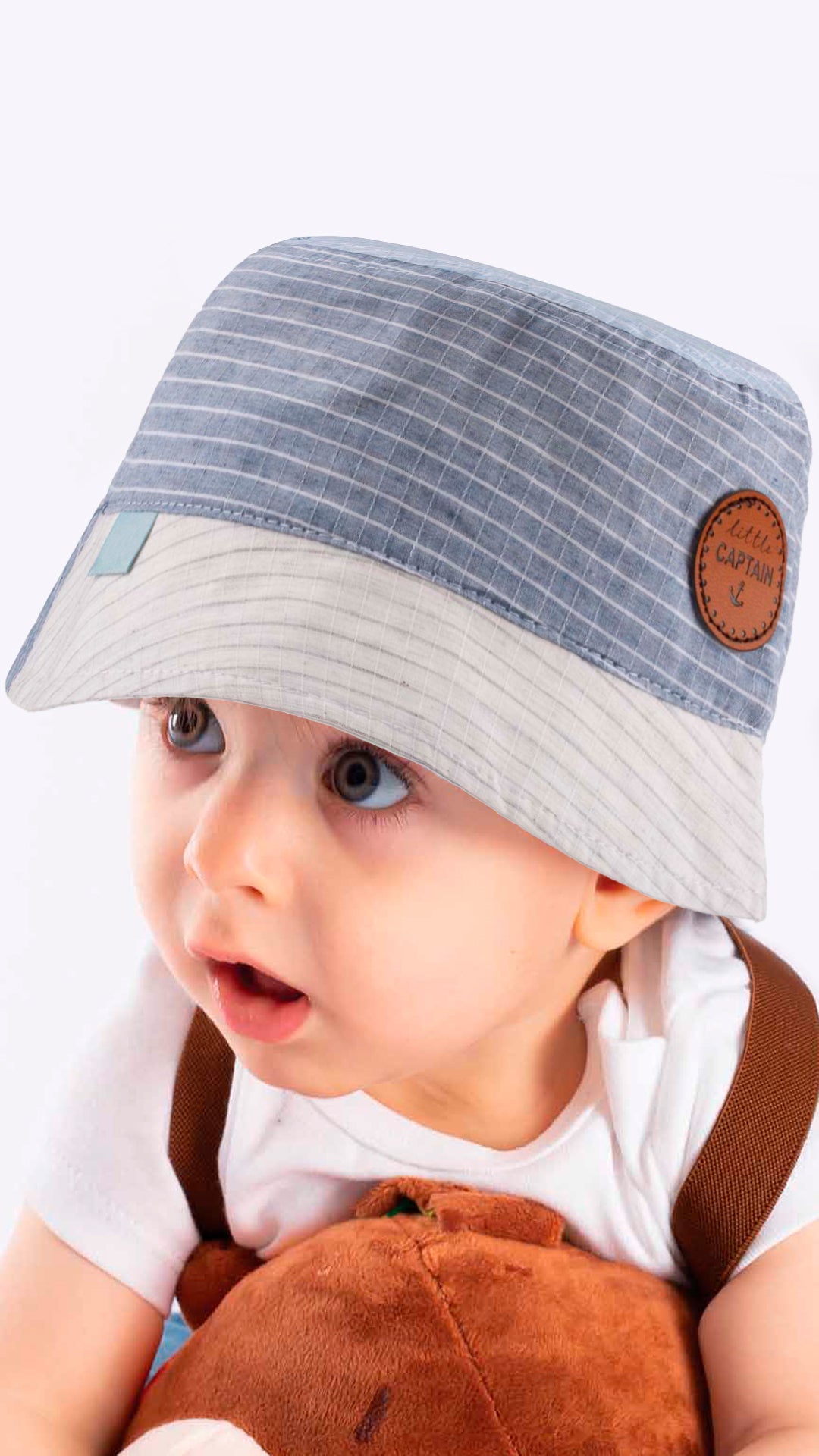 Checked Little Captain Badge Infant Fedora Hat in white, made from soft cotton and polyester blend, designed for ages 0-18 months.