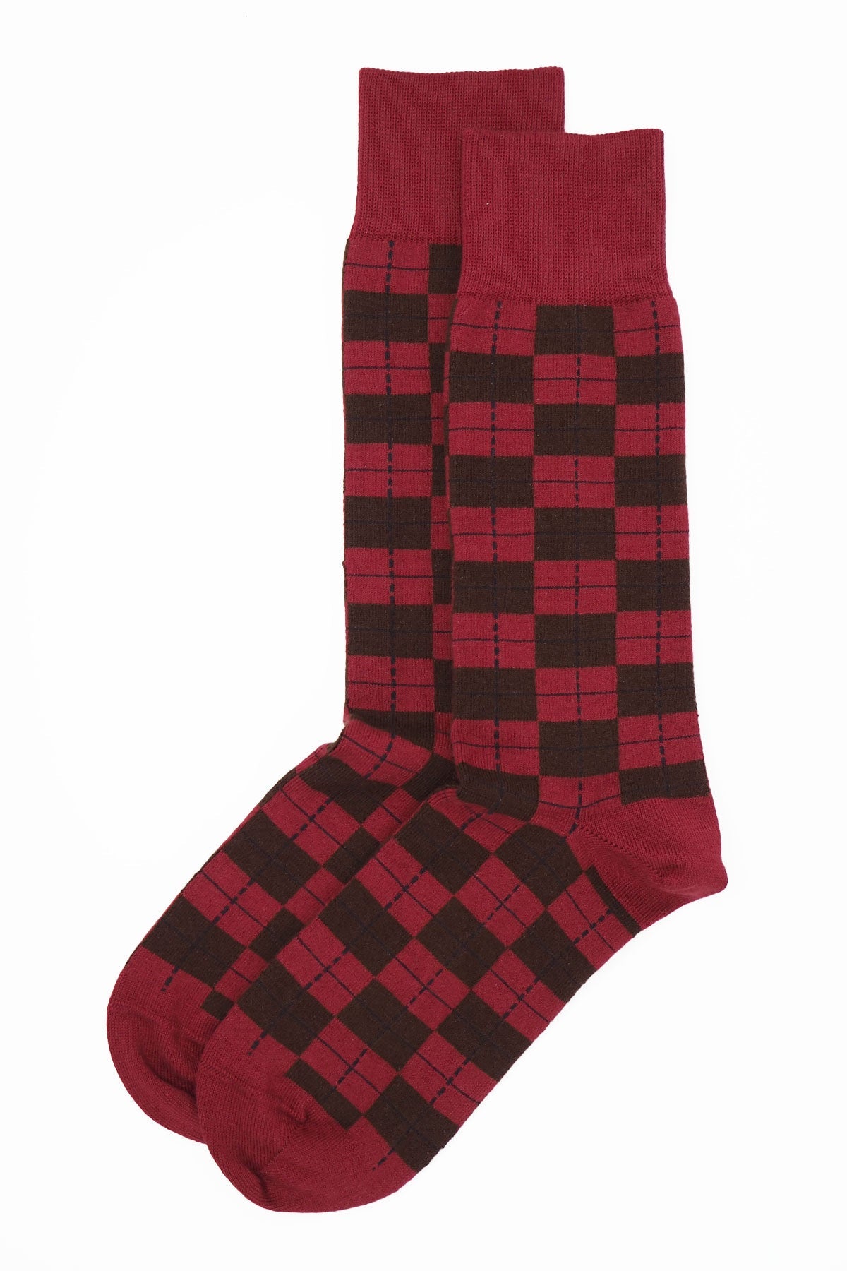 Burgundy Checkmate Men's luxury socks made from Supima cotton, featuring a seamless toe design for ultimate comfort and style.