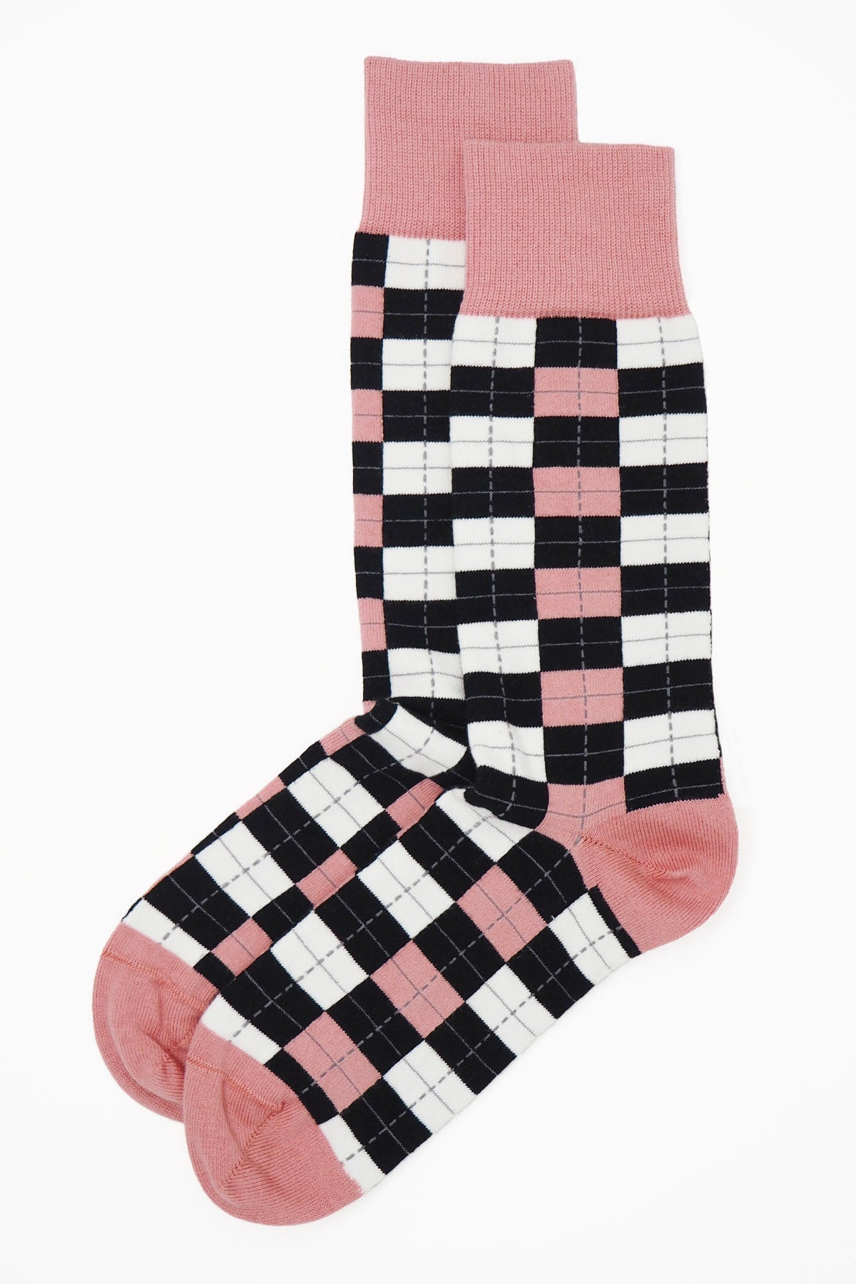 A pair of luxurious pink Checkmate men's socks made from Supima cotton, showcasing a contemporary design suitable for stylish gentlemen.