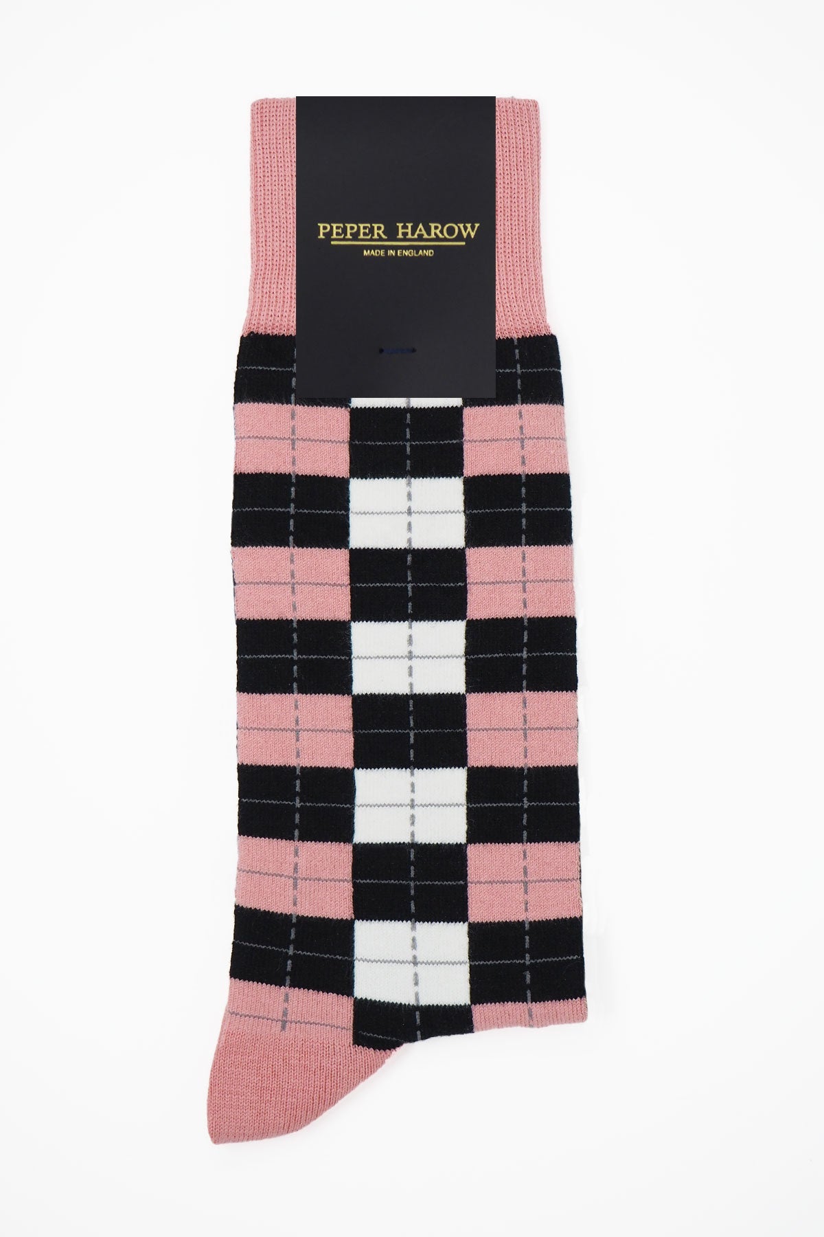 A pair of luxurious pink Checkmate men's socks made from Supima cotton, showcasing a contemporary design suitable for stylish gentlemen.