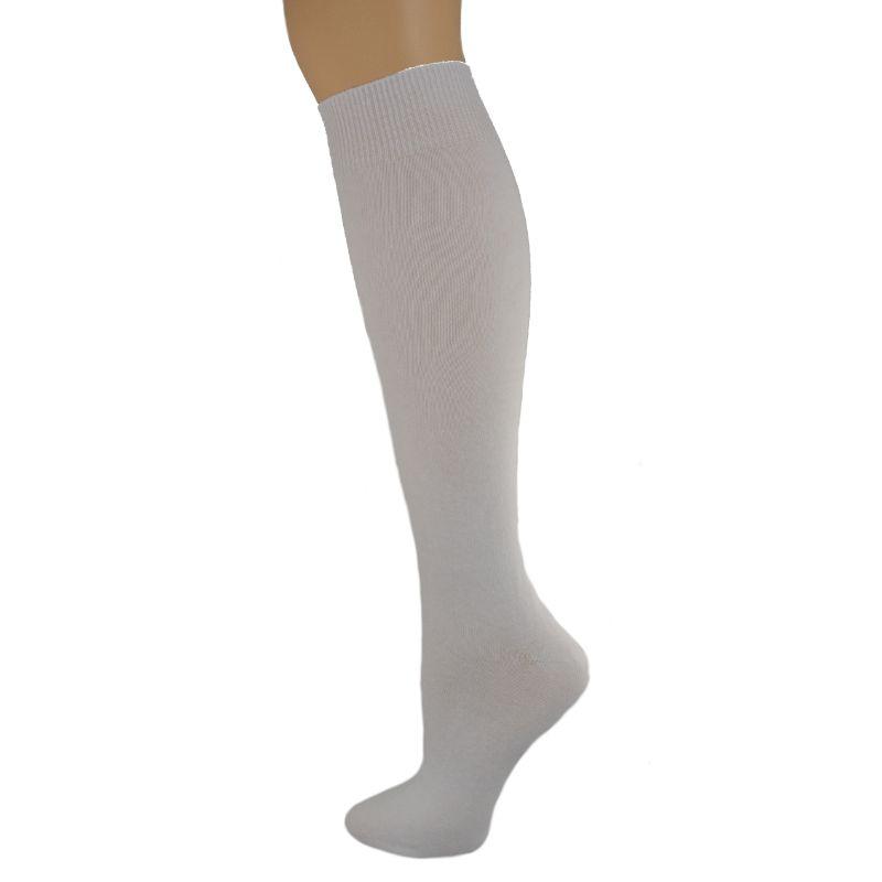 A pack of three pairs of Classic Flat Knit Combed Cotton Knee High Socks in assorted colors, showcasing their smooth texture and relaxed rib cuff design.