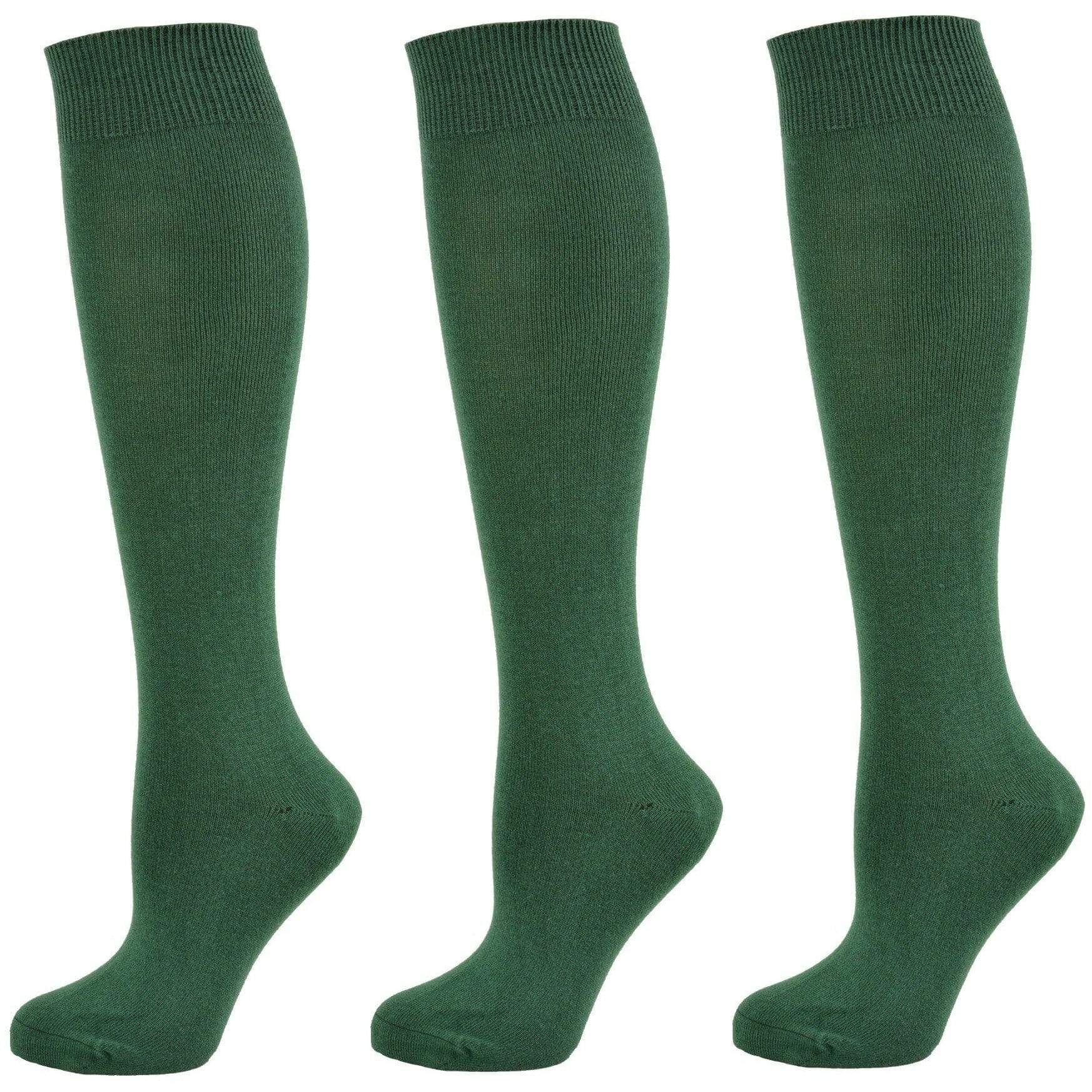 A pack of three pairs of Classic Flat Knit Combed Cotton Knee High Socks in assorted colors, showcasing their smooth texture and relaxed rib cuff design.