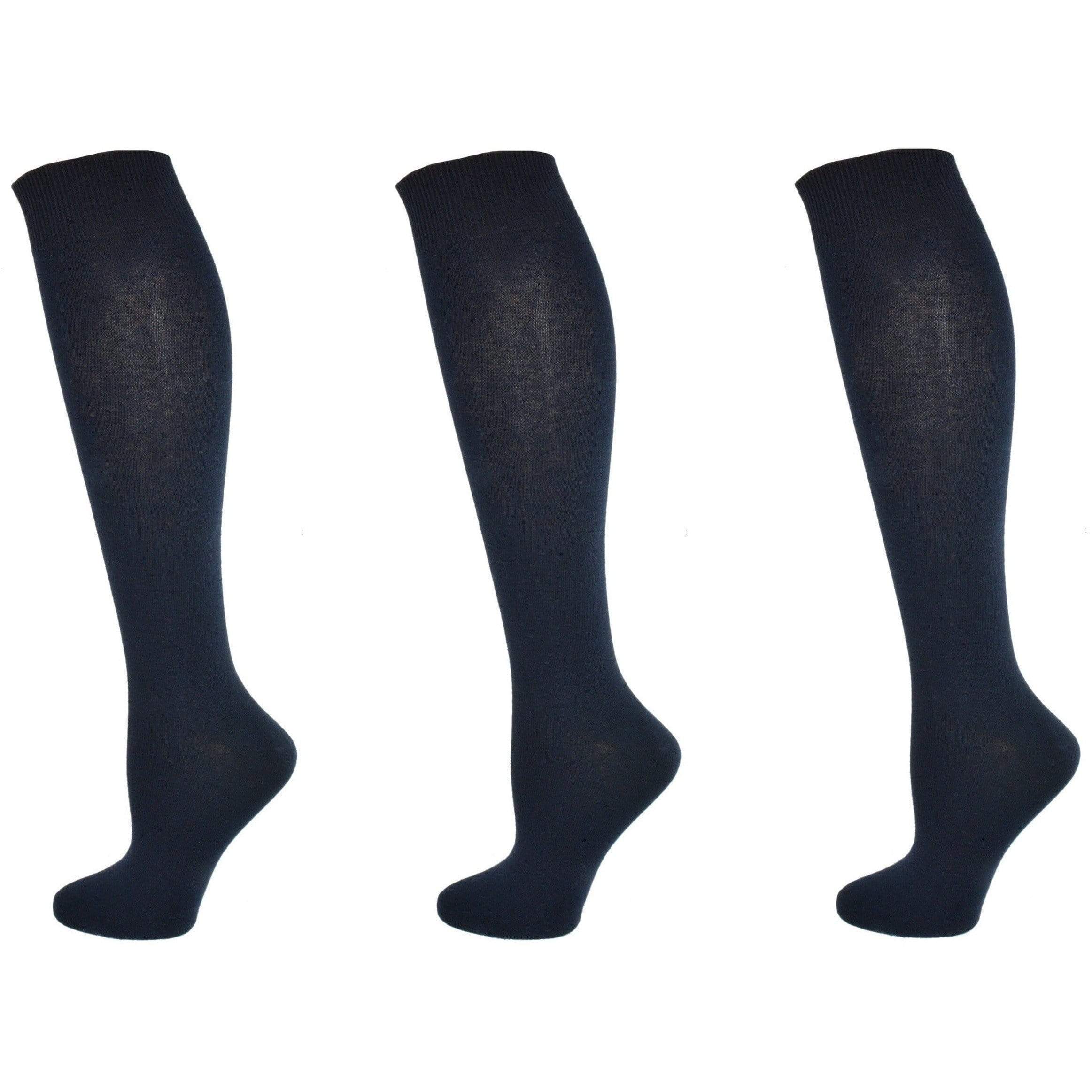 A pack of three pairs of Classic Flat Knit Combed Cotton Knee High Socks in assorted colors, showcasing their smooth texture and relaxed rib cuff design.