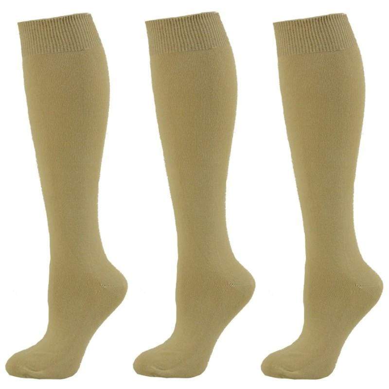 A pack of three pairs of Classic Flat Knit Combed Cotton Knee High Socks in assorted colors, showcasing their smooth texture and relaxed rib cuff design.