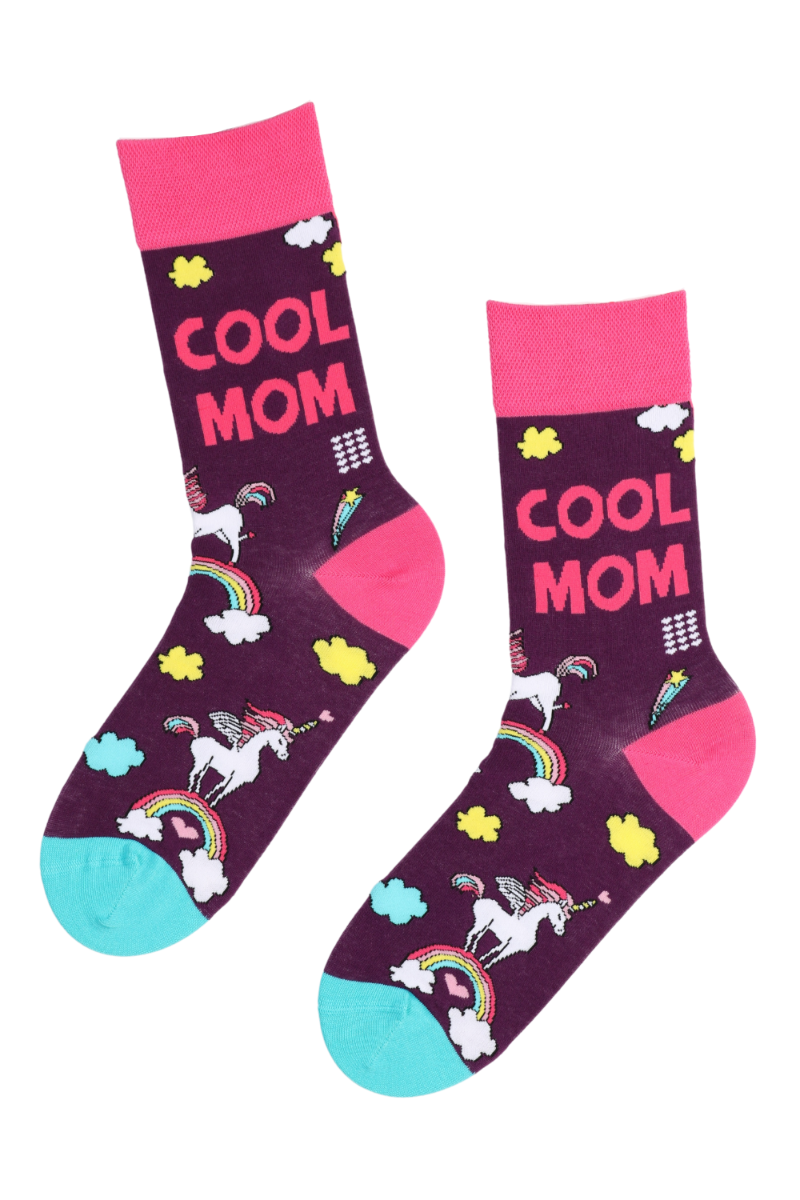 COOL MOM purple socks featuring unicorns and rainbows, perfect for adventurous mothers.