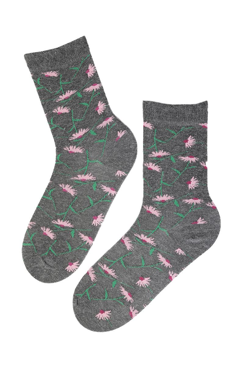 Gray and pink CONEFLOWER angora wool socks featuring a floral pattern, perfect for women's cozy wear.