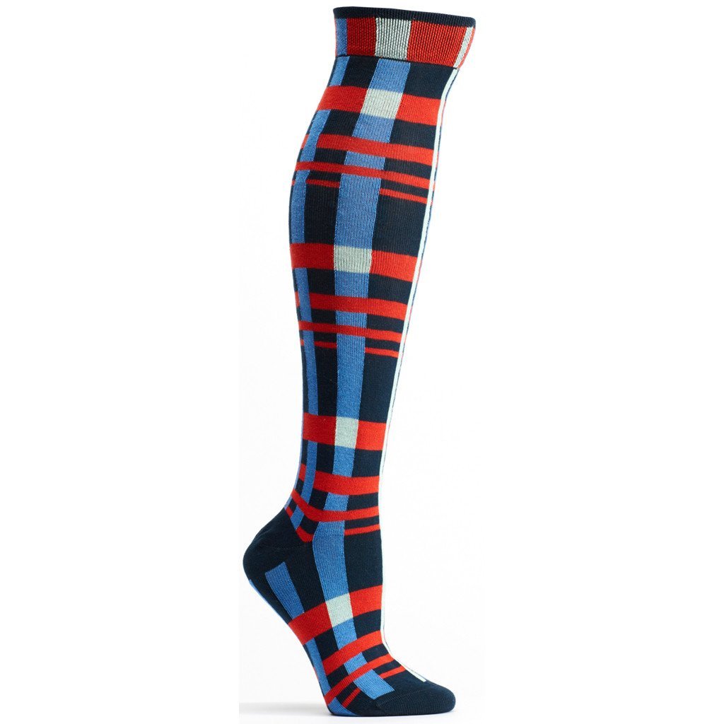 Constructive Plaid Knee High Sock featuring a stylish plaid pattern, made from high-quality cotton blend, showcasing its durability and comfort.