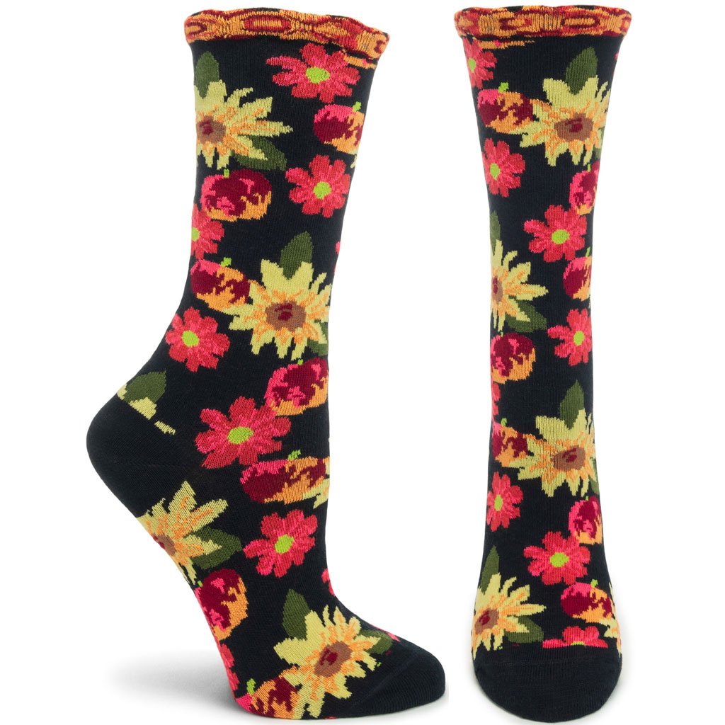 Petunia Pomme Soleil Sock featuring a floral and fruit design with scallop trim, made from high-quality cotton blend.