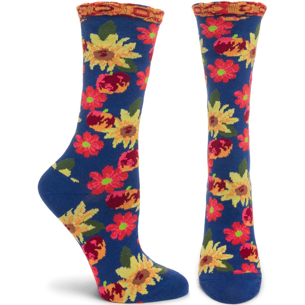 Petunia Pomme Soleil Sock featuring a floral and fruit design with scallop trim, made from high-quality cotton blend.