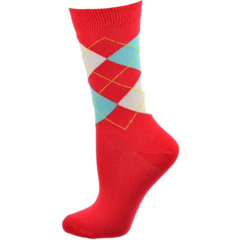 A pair of vibrant Cotton Argyle Crew Women's Socks featuring colorful argyle patterns, designed for comfort and style.