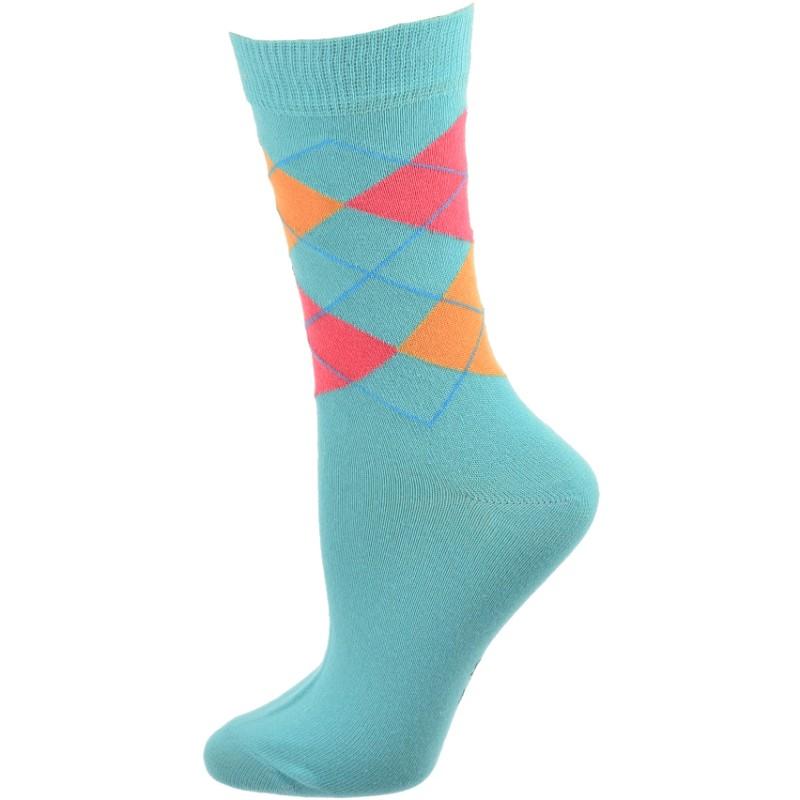 A pair of vibrant Cotton Argyle Crew Women's Socks featuring colorful argyle patterns, designed for comfort and style.