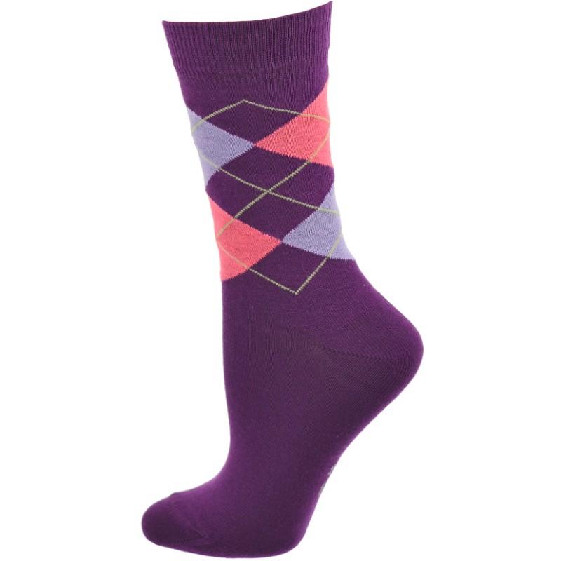 A pair of vibrant Cotton Argyle Crew Women's Socks featuring colorful argyle patterns, designed for comfort and style.