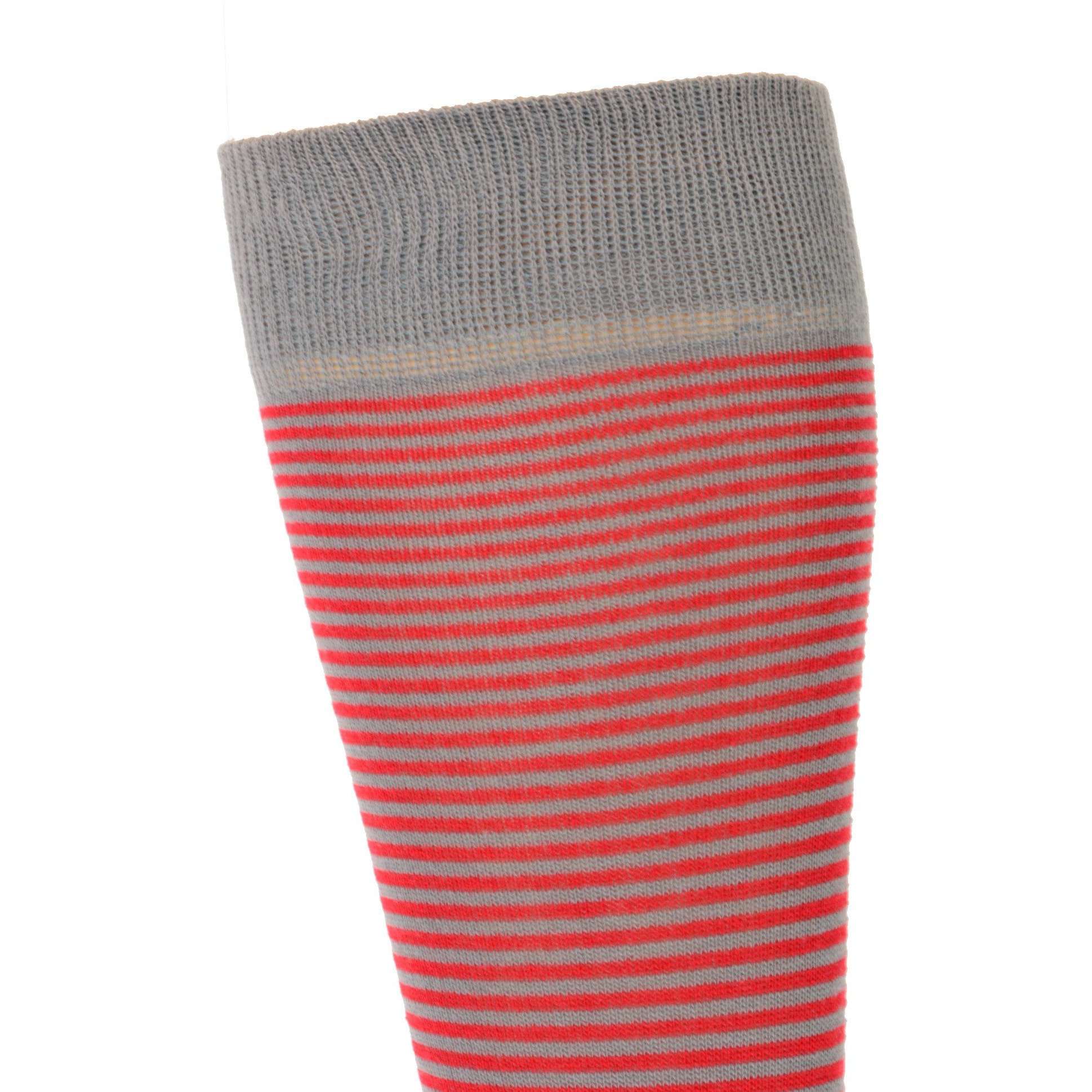 A pair of Cotton Fine Striped Crew Socks featuring stylish blue and grey stripes, made from soft combed cotton for comfort.