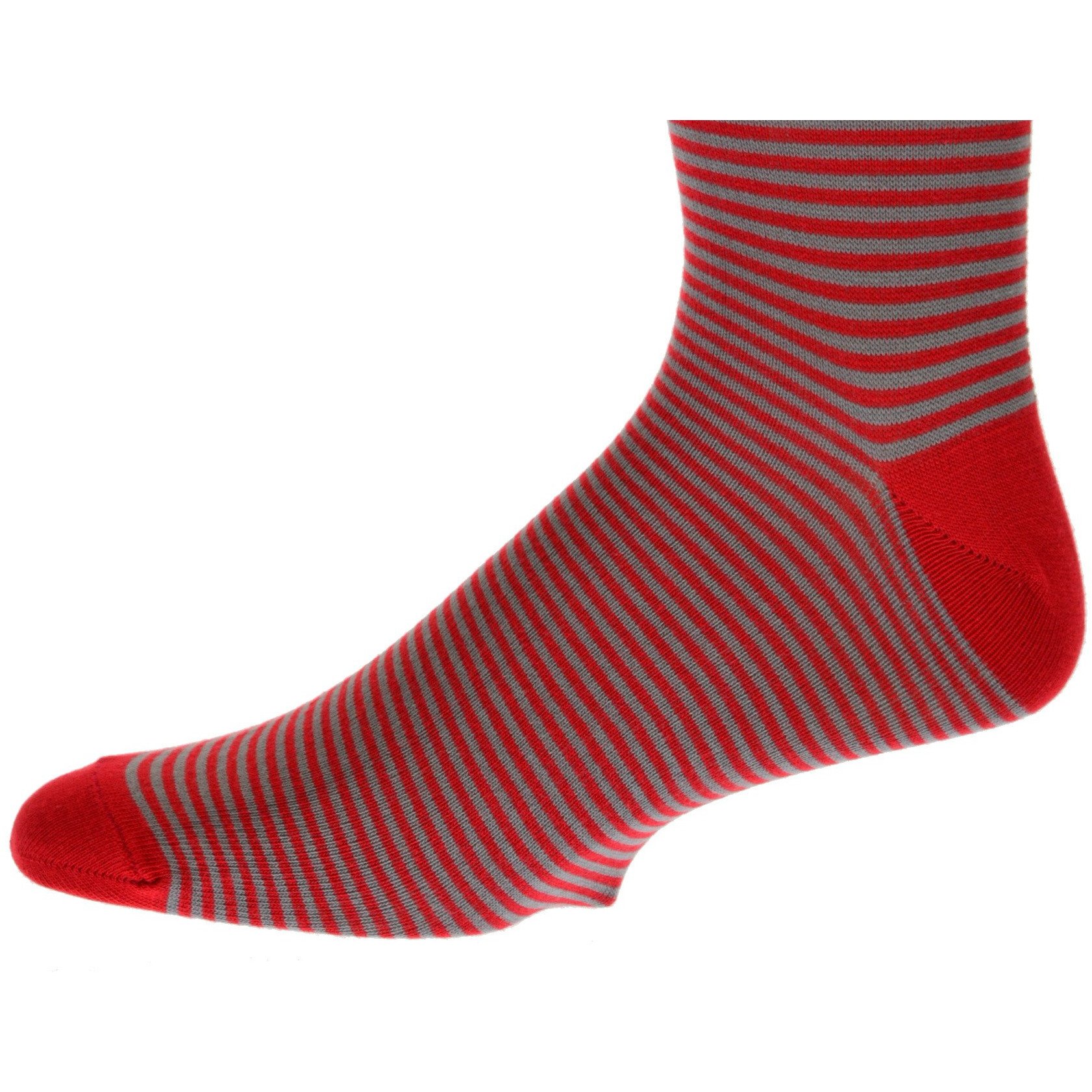 A pair of Cotton Fine Striped Crew Socks featuring stylish blue and grey stripes, made from soft combed cotton for comfort.