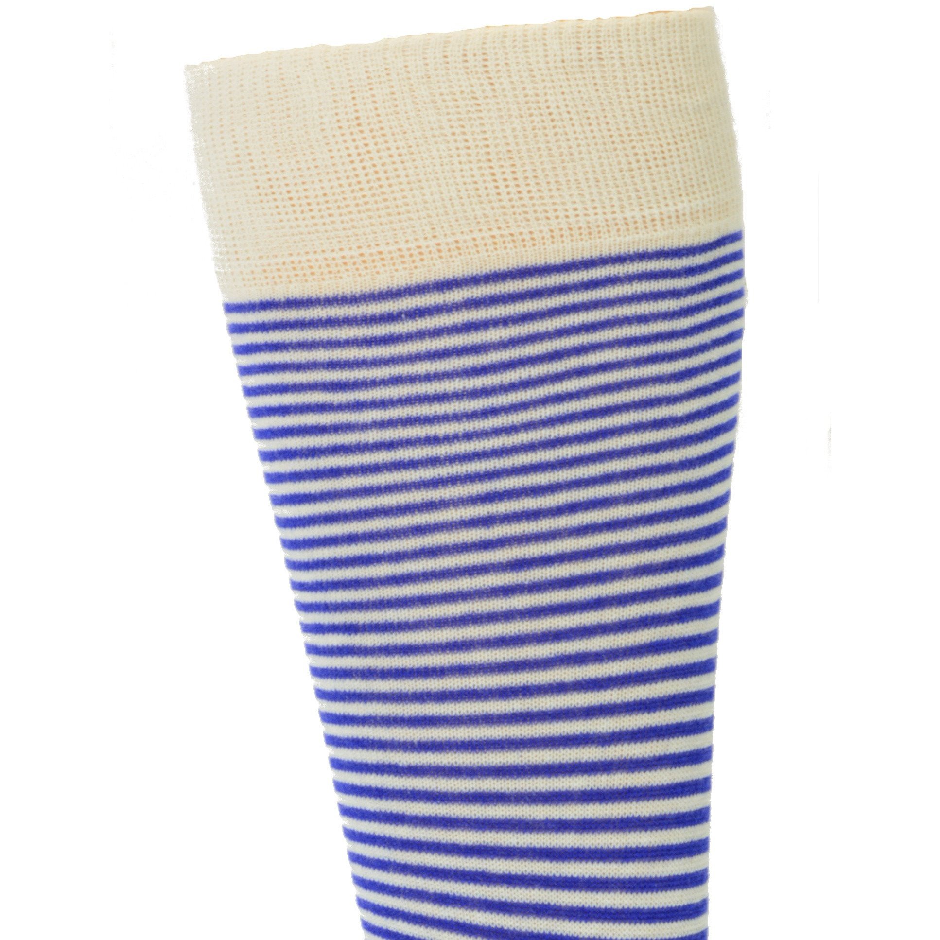 A pair of Cotton Fine Striped Crew Socks featuring stylish blue and grey stripes, made from soft combed cotton for comfort.