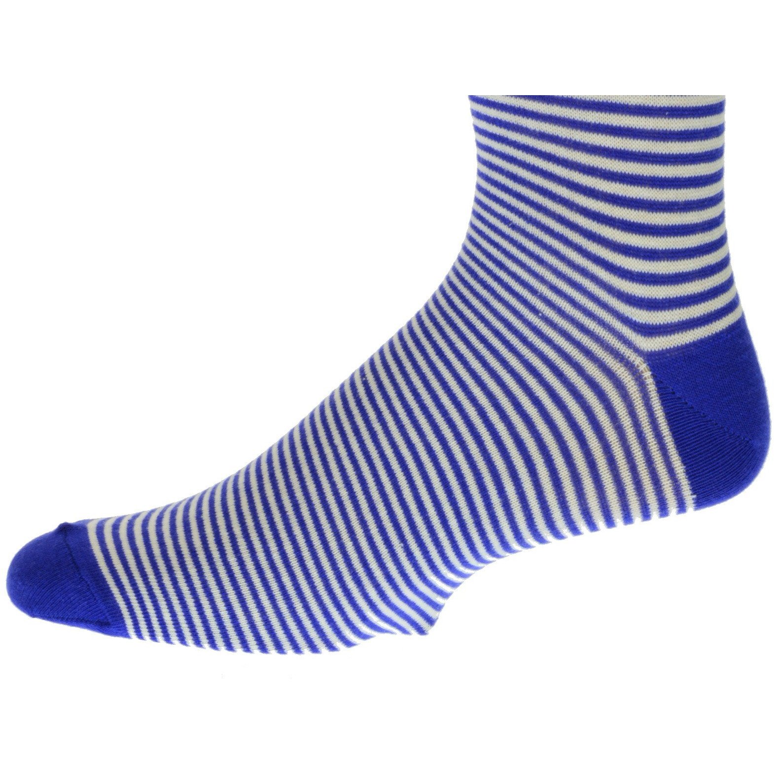 A pair of Cotton Fine Striped Crew Socks featuring stylish blue and grey stripes, made from soft combed cotton for comfort.