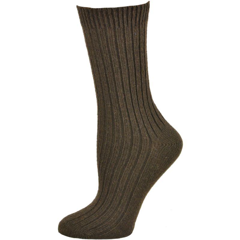 A pair of soft, warm cotton and wool blend crew socks for women, showcasing their cozy texture and smooth toe seam.