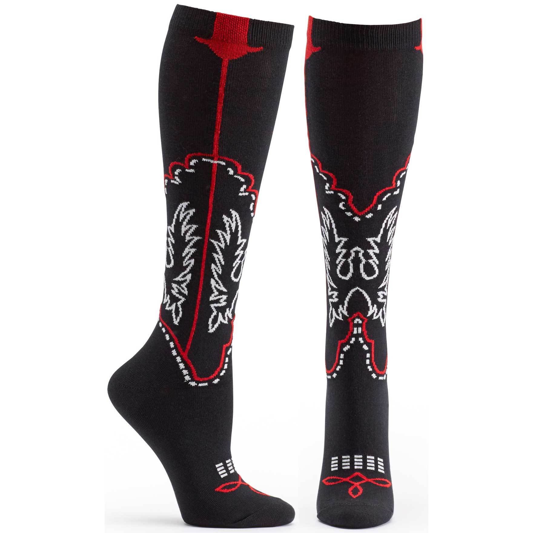 A pair of stylish Cowboy Boots Knee High Socks made from a blend of cotton, polyamide, and elastane, featuring a seamless design for comfort.