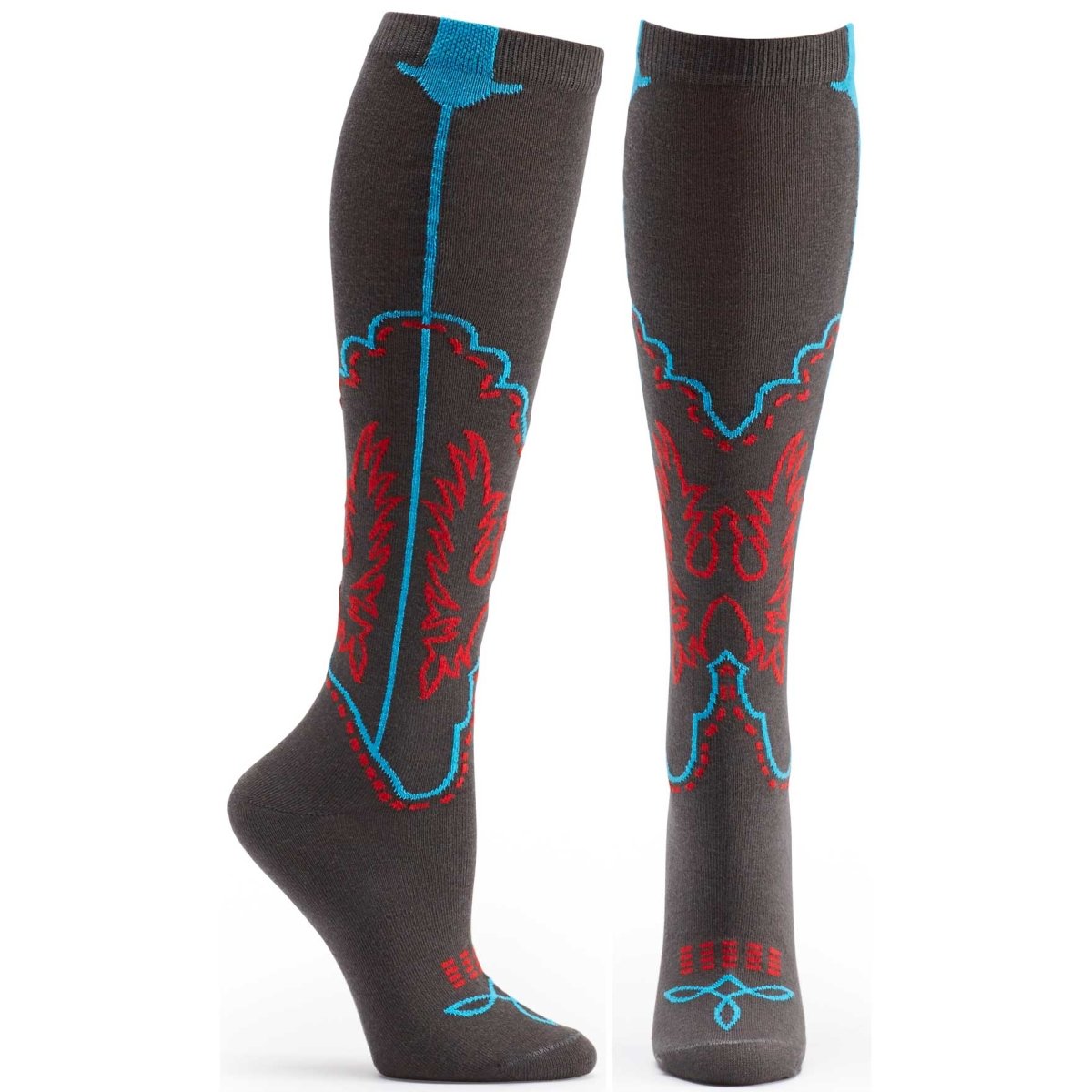 A pair of stylish Cowboy Boots Knee High Socks made from a blend of cotton, polyamide, and elastane, featuring a seamless design for comfort.