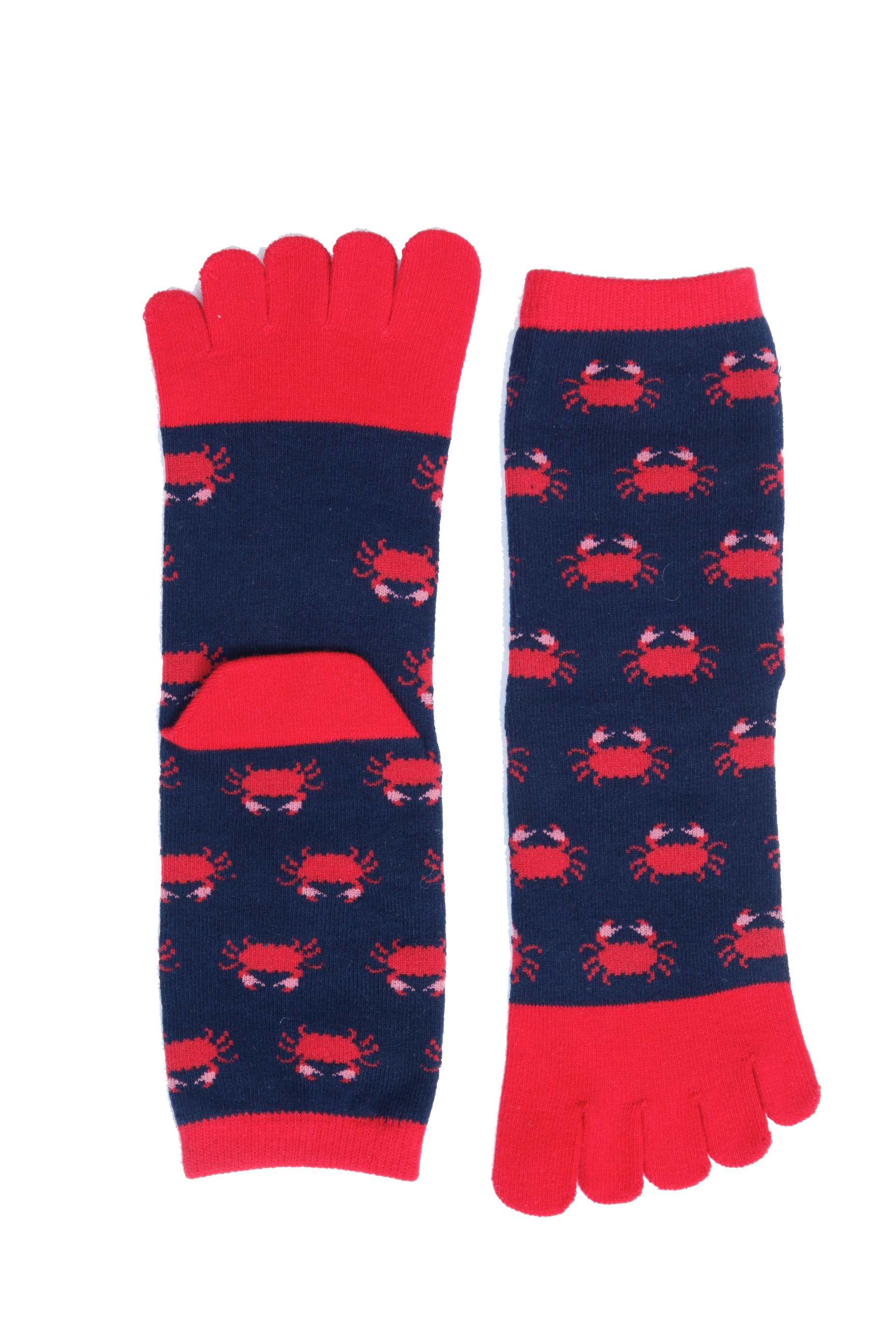 A pair of blue CRAB TOES toe socks for women featuring a playful crab pattern, showcasing their unique design and comfortable fit.