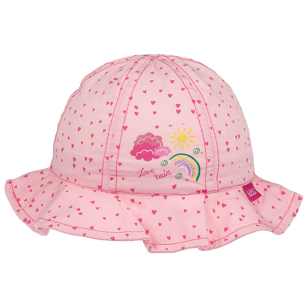 Creative 'Love Rain' Rainbow Hat for infant girls, featuring a turquoise color with sun, clouds, and rainbow print, perfect for summer outings.