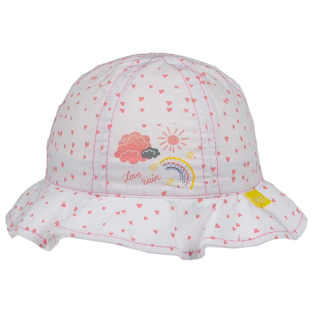 Creative 'Love Rain' Rainbow Hat for infant girls, featuring a turquoise color with sun, clouds, and rainbow print, perfect for summer outings.