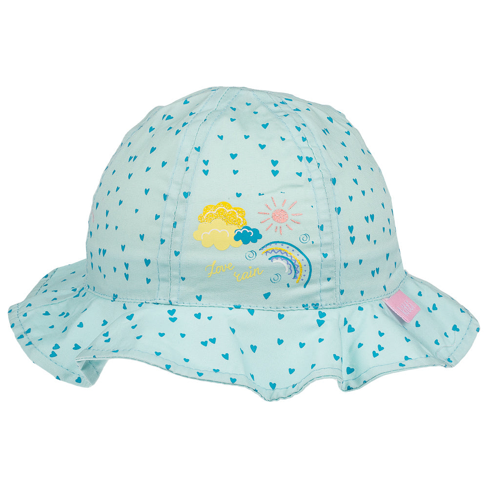 Creative 'Love Rain' Rainbow Hat for infant girls, featuring a turquoise color with sun, clouds, and rainbow print, perfect for summer outings.