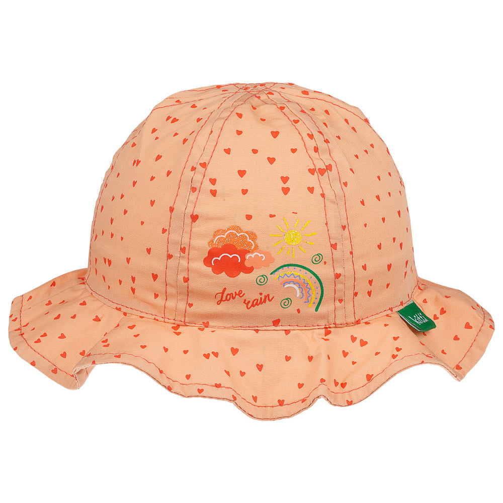 Creative 'Love Rain' Rainbow Hat for infant girls, featuring a turquoise color with sun, clouds, and rainbow print, perfect for summer outings.