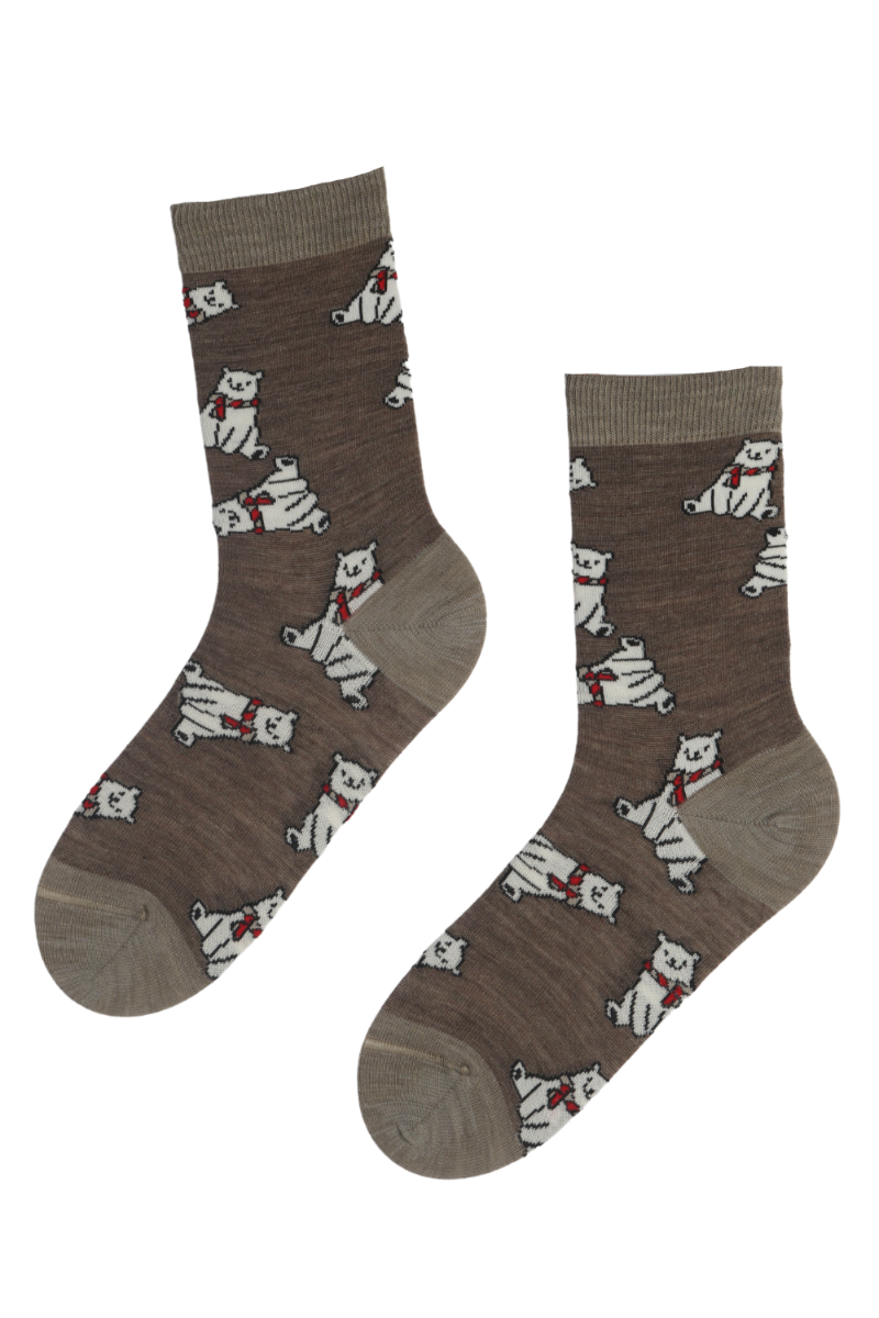 CUTE BEAR merino wool socks featuring cute bear designs on a brown background, perfect for cozy wear.