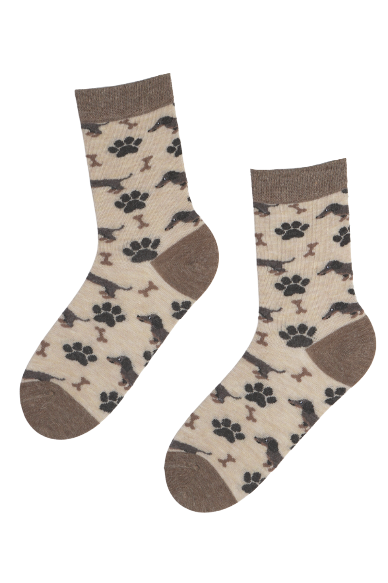 Beige angora wool socks featuring cute dachshunds and paw prints, perfect for dog lovers.