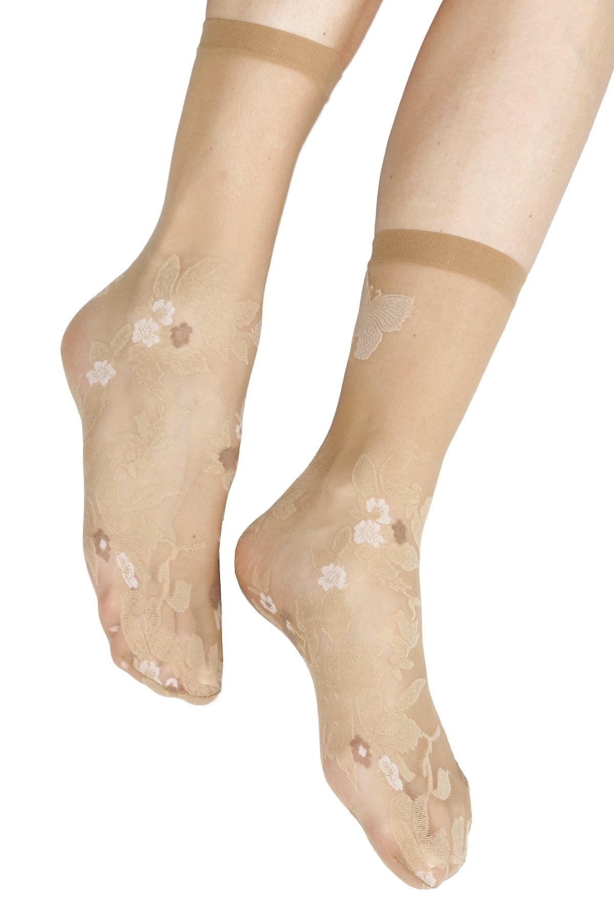 DANTE 20DEN sheer beige socks featuring a delicate floral pattern, perfect for elegant styling.