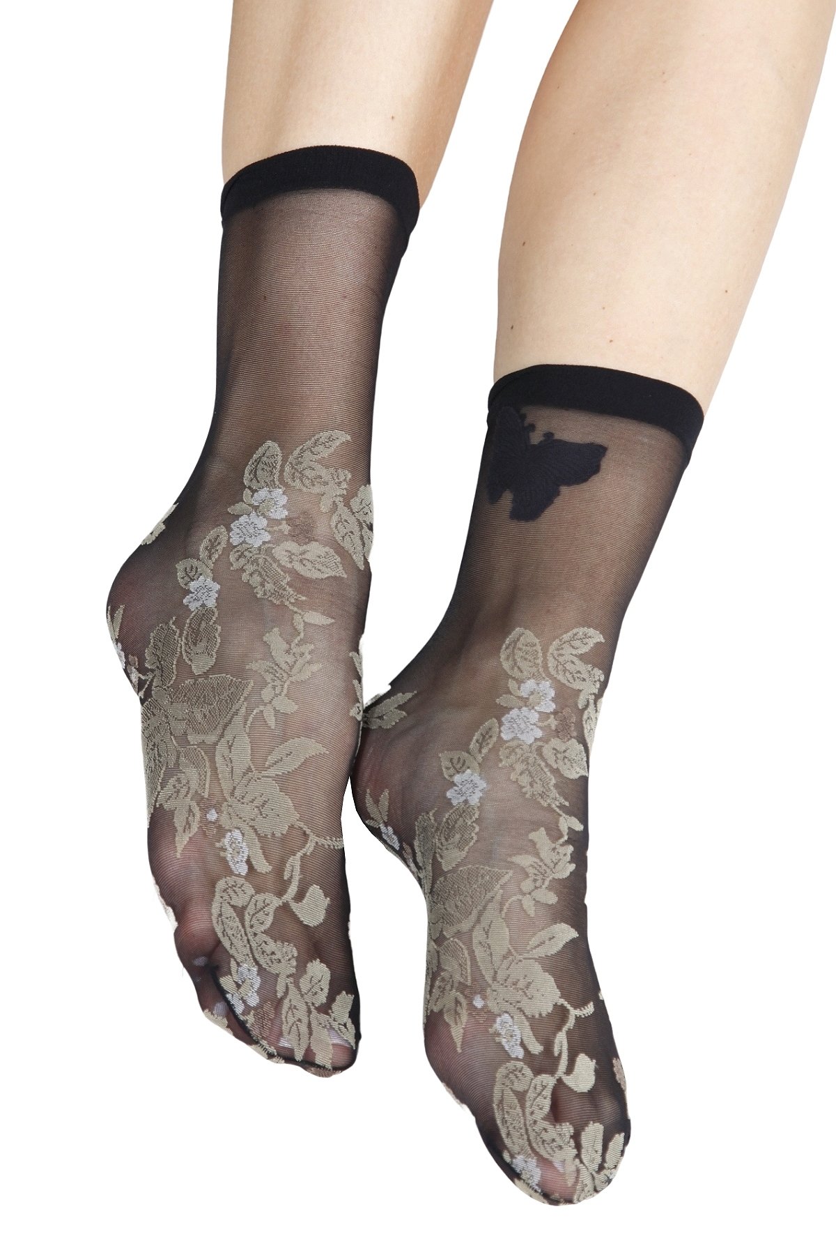 DANTE 20DEN sheer black socks featuring an elegant floral pattern, perfect for women's fashion.