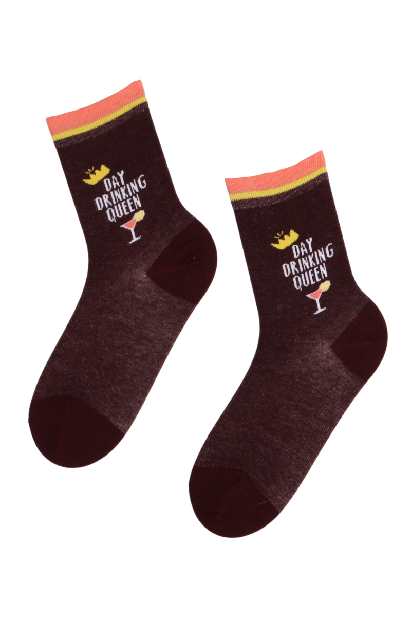 Burgundy socks for women featuring a cocktail glass design and the text 'DAY DRINKING QUEEN' on the side.