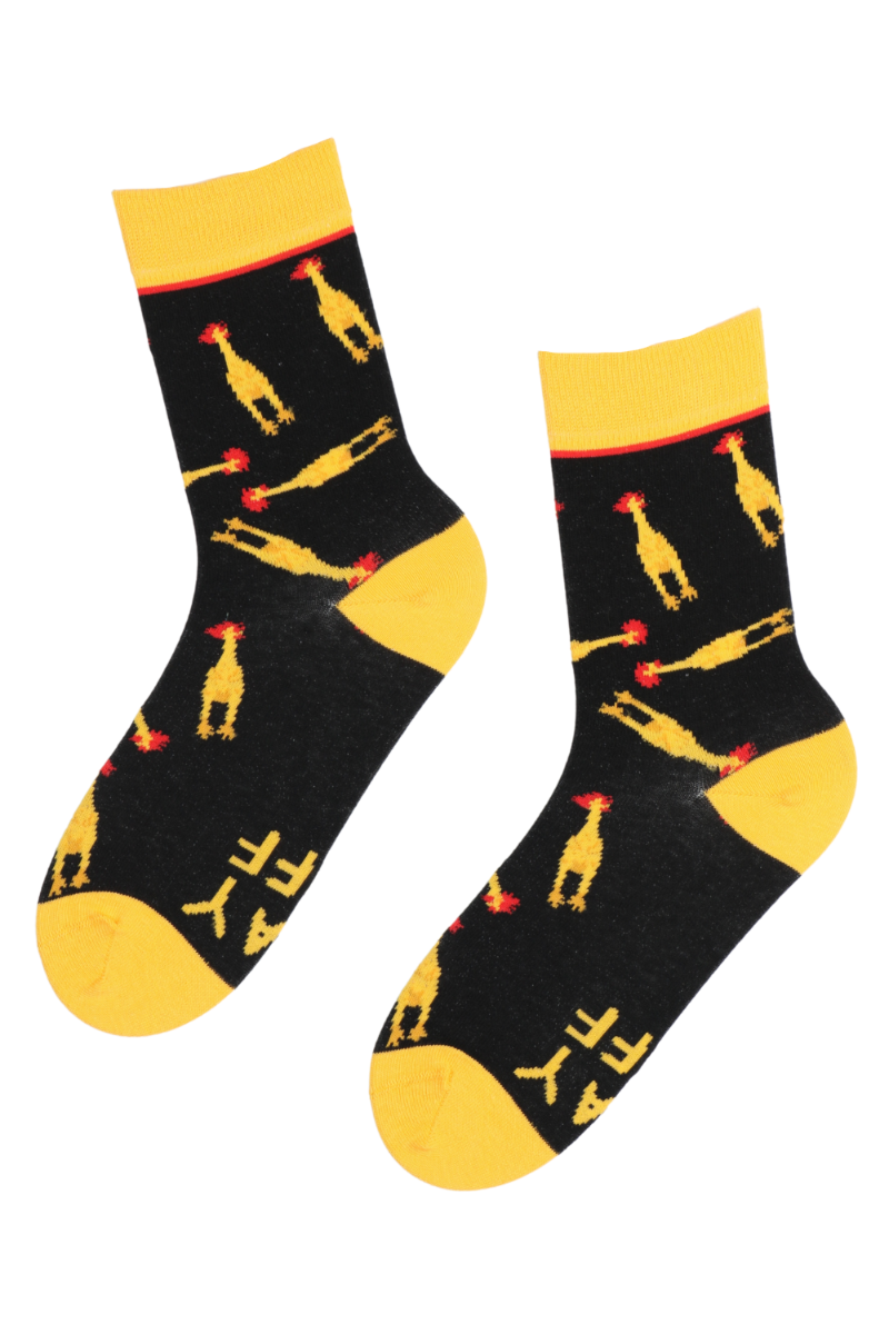 Black DAY OFF socks featuring yellow chickens and text under the sole.