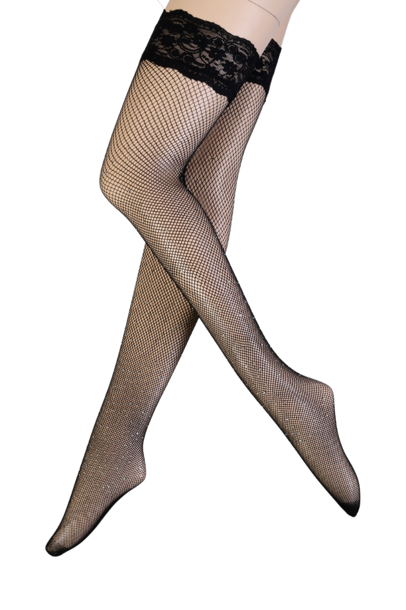 Elegant black fishnet stockings adorned with sparkling stones and a lace border, perfect for parties.