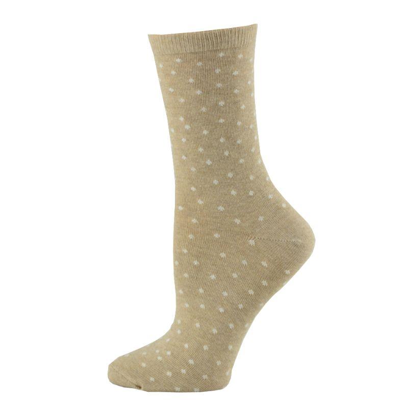 A pair of elegant mid-calf cotton socks featuring a stylish dot pattern, showcasing their soft texture and comfortable cuff design.