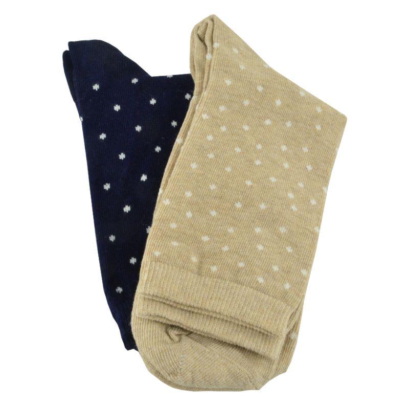 A pair of elegant mid-calf cotton socks featuring a stylish dot pattern, showcasing their soft texture and comfortable cuff design.