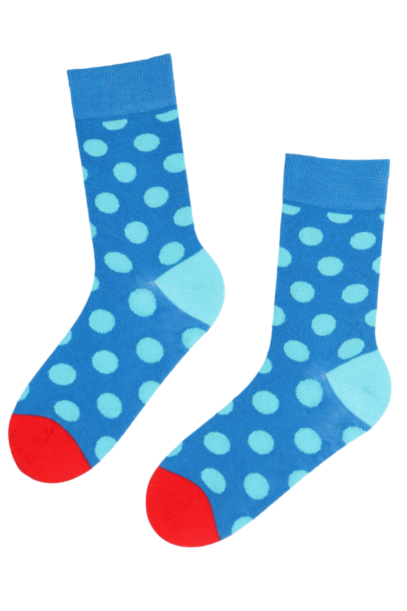 A pair of blue cotton socks featuring a playful polka dot pattern, suitable for both men and women.