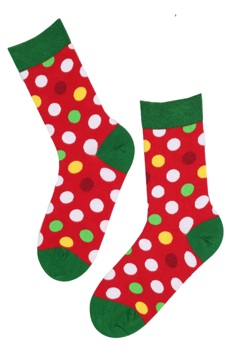 A pair of vibrant red cotton socks featuring colorful dots, suitable for both men and women, showcasing a funky and stylish design.