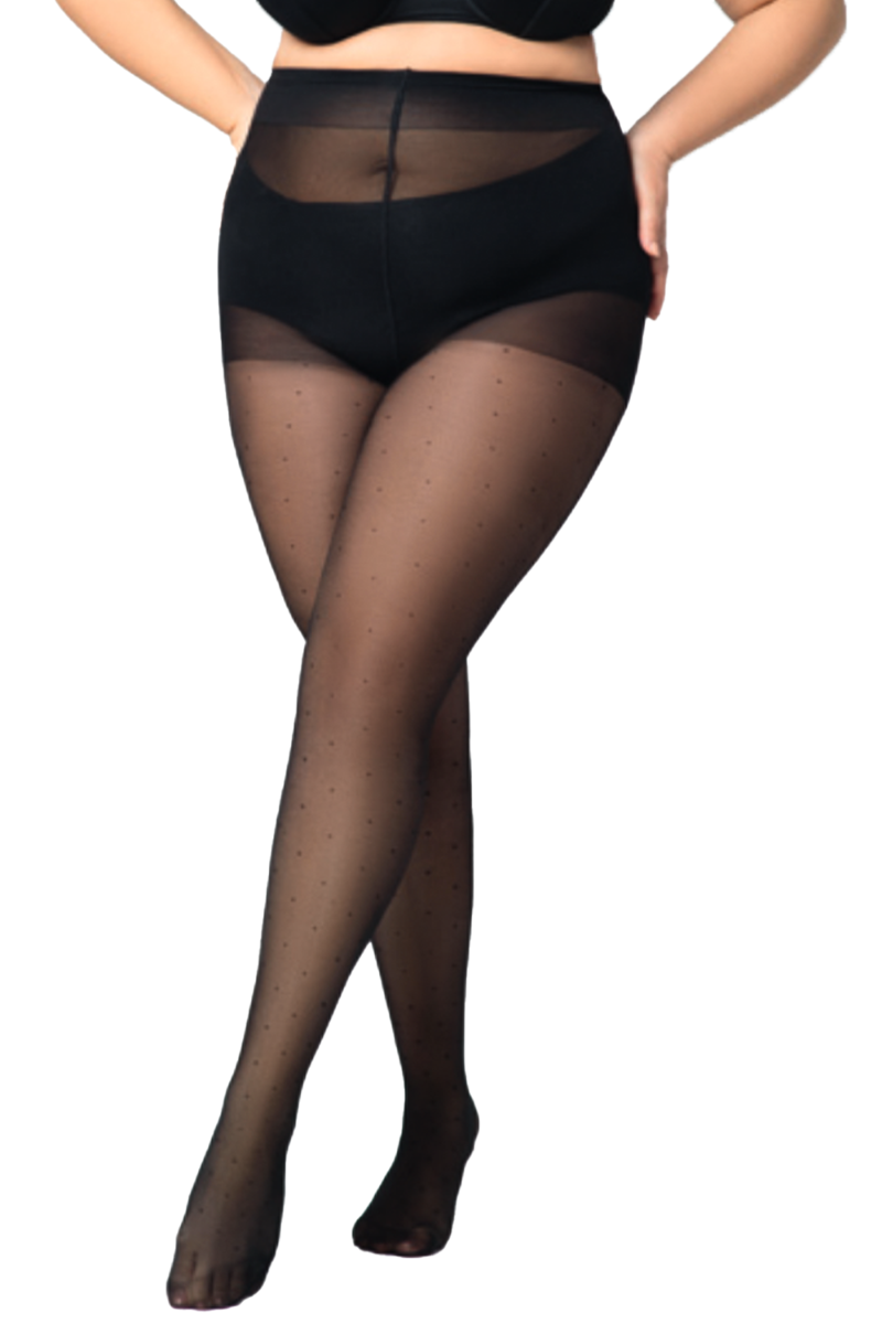 DOTS RIGHT 30DEN black tights featuring a stylish dot pattern, designed for curvy women with a comfortable cotton middle-piece.