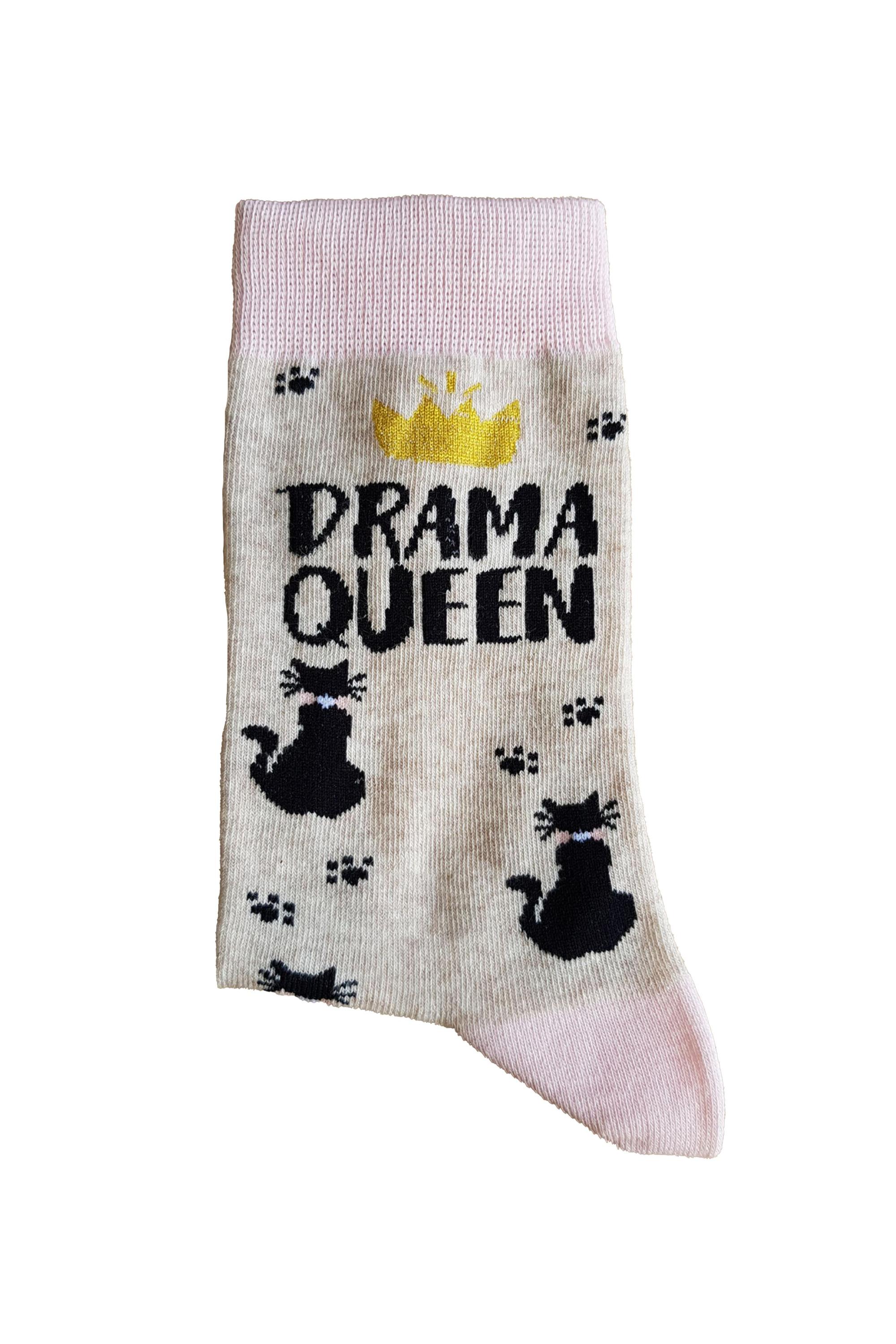 DRAMA QUEEN cotton socks featuring a cute knitted cat pattern and bold text, perfect for stylish wearers.