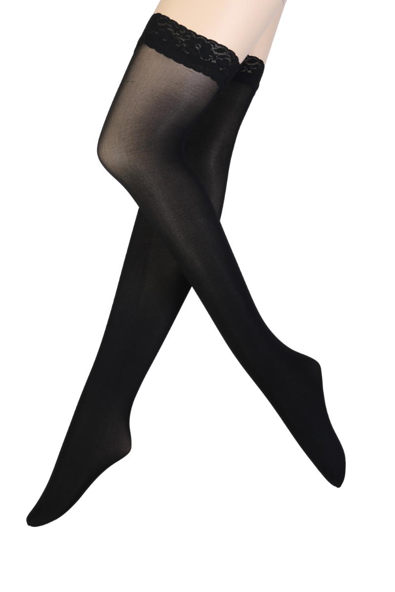 ECOCARE 50DEN black hold-ups with a delicate lace hem and silicone edge, showcasing eco-friendly materials.